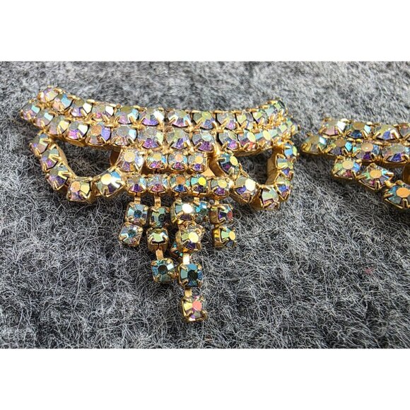 Vtg Gold Tone Rhinestone Double Brooch Set Aurora Borealis Design Jewelry - Picture 2 of 5